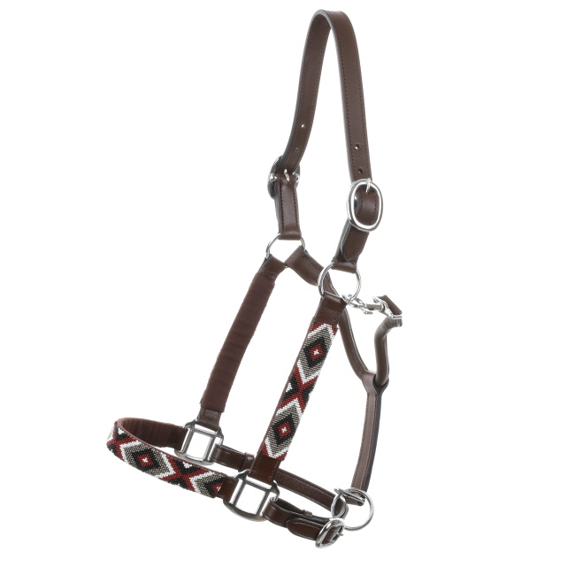 Adjustable Leather Halter with Beaded Overlay - Black&#47;Burgundy&#47;White