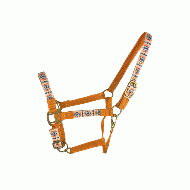 Premium Nylon Horse Sized Halter with Orange Southwestern Print