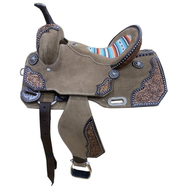 14", 15" Double T Roughout Barrel Style Saddle with Southwest Serape Printed Inlay
