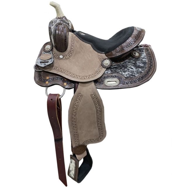 Double T 13" Youth Barrel Saddle with Hair on Cowhide Inlay
