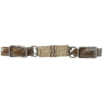 Showman Curb strap with hair on cowhide ends with rawhide braided covered chain