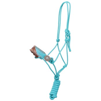 Showman Teal Petals Leather Nose Cowboy Knot Halter with Lead