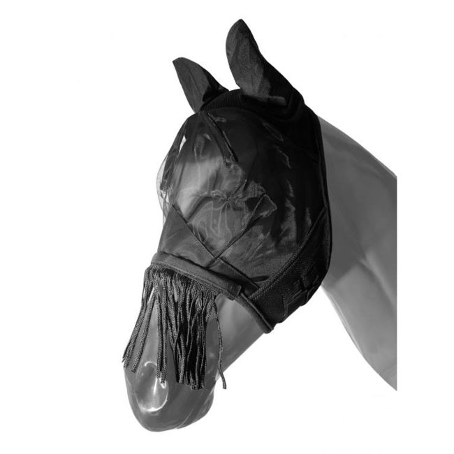 Showman Jersey mesh fly mask with lycra ears and removable fringe nose