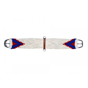 Showman Mohair straight string girth with Stainless Steel Roller Buckle with Aztec Design - white, red, and blue