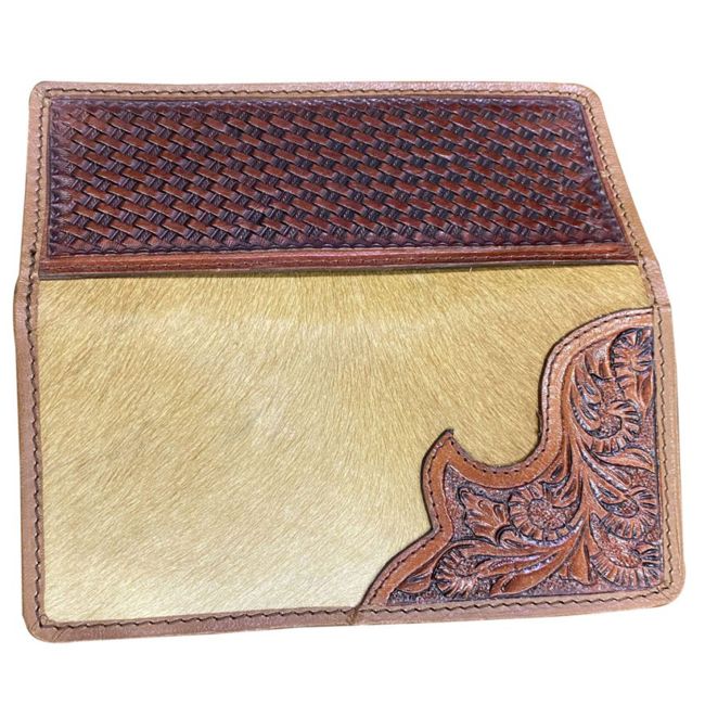 Light Brown Men's Leather Wallet with hair on cowhide and basket tooled side