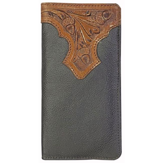 Black Leather Men's Wallet with Floral Tooling Accent