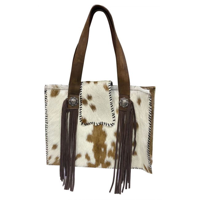 Klassy Cowgirl Brown &amp; White Hair on Cowhide Shoulder Bag with Suede Fringe