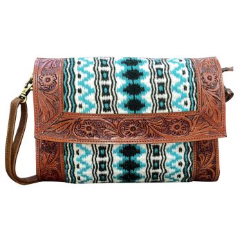 Klassy Cowgirl Tooled Leather and Wool Saddle Blanket Purse - White and Blue