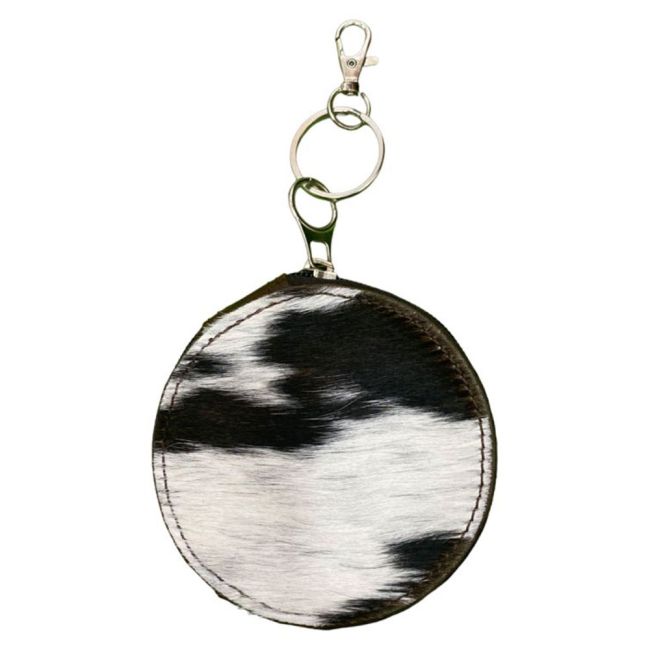 Black &amp; White Hair on Cowhide Round Clip Key-chain Wallet Pouch