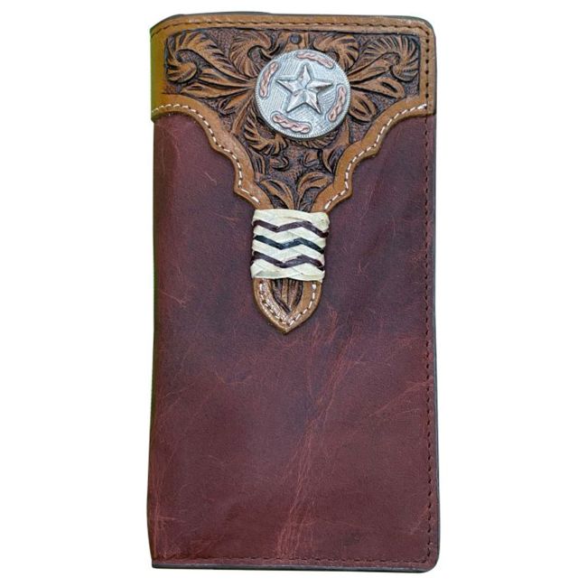 Combination Burgundy and medium oil Rodeo Style Leather Bi-fold Wallet