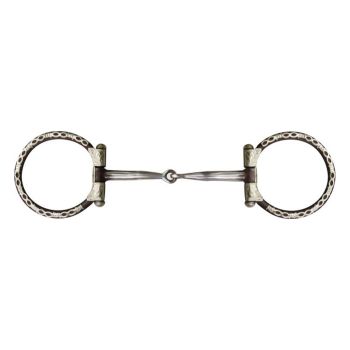 Showman Brown steel snaffle style bit with barbwire silver trim on 3.5" ring. Stainless steel 5.25" broken mouth piece