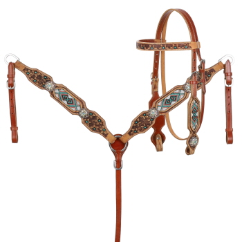 Showman Medium Oil Browband Beaded Inlay Headstall and Breast collar Set