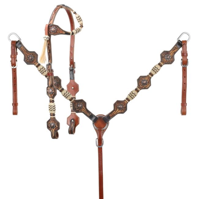 Showman One Ear Headstall and Breastcollar Set with Rawhide Accents