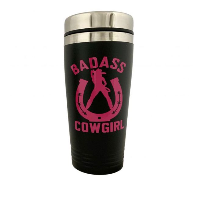 16 oz Black Coated Stainless Steel tumbler with Pink Bad Ass Cowgirl Decal