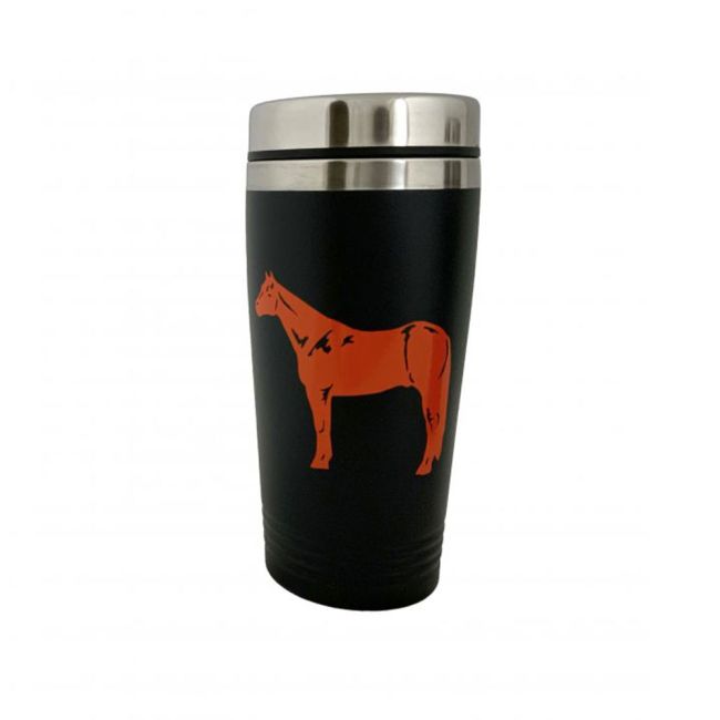 16oz Stainless Steel Black coated tumbler with orange standing horse Decal