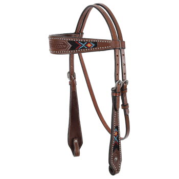 Showman Medium Brown Argentina cow leather brow-band headstall with beaded inlay design