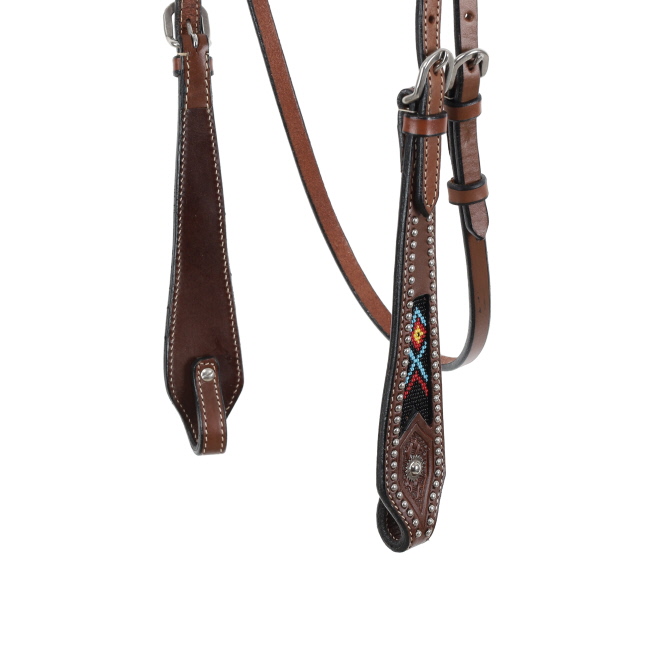 Showman Medium Brown Argentina cow leather brow-band headstall with beaded inlay design #2