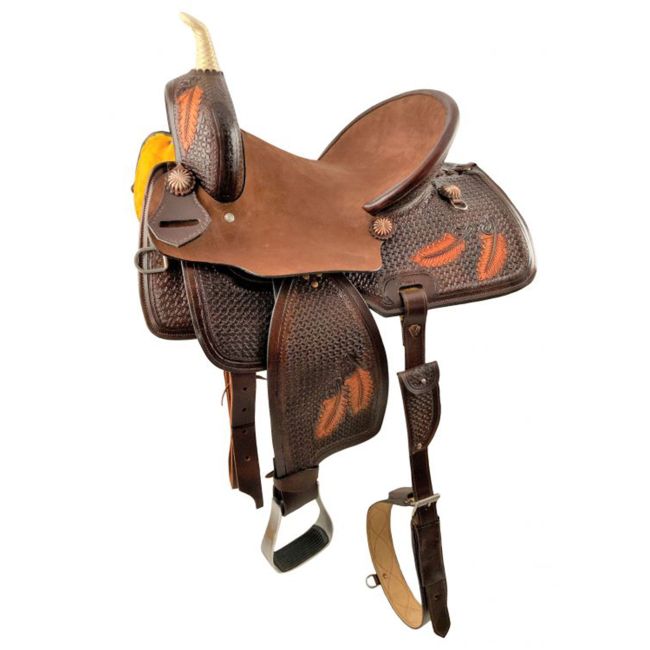 Hard Seat Barrel Style Saddle with Feather Tooling - 15 Inch