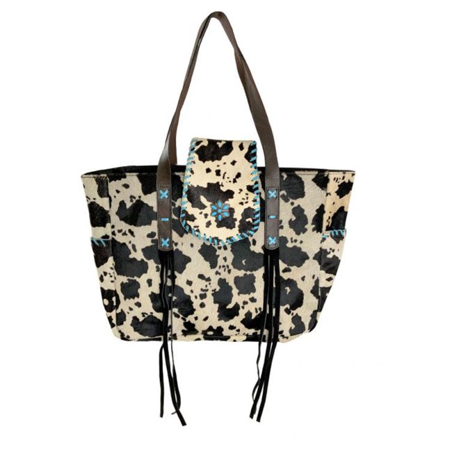 Showman Cow Print Hair on Cowhide Tote Bag with Fringe