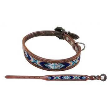 Showman Couture Beaded inlay leather dog collar with copper buckle - navy and light blue cross