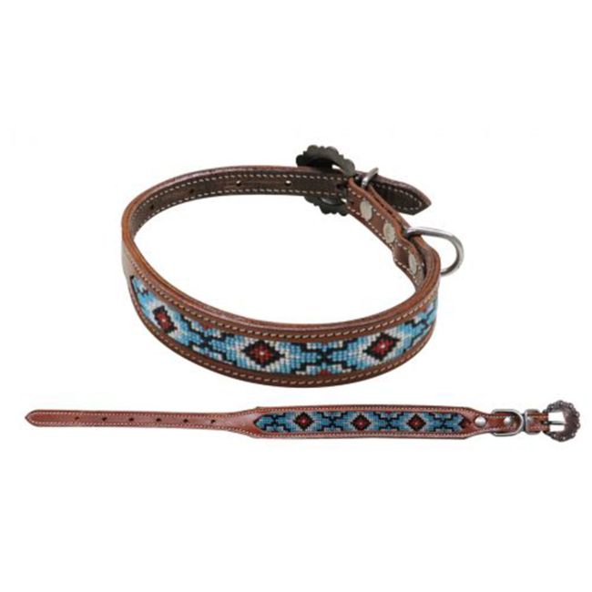 Showman Couture Beaded inlay leather dog collar with copper buckle - teal and black