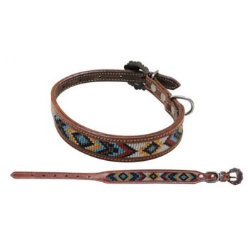 Showman Couture Beaded inlay leather dog collar with copper buckle - yellow, blue, and red