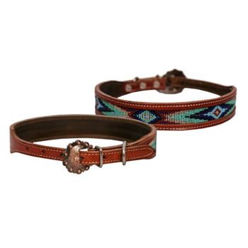 Showman Couture Genuine leather dog collar with beaded inlay - navy and teal