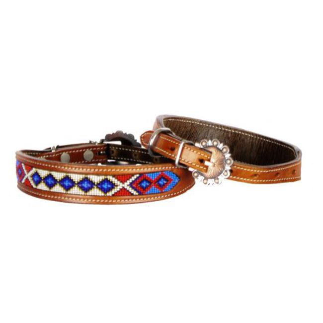 Showman Couture Genuine leather dog collar beaded inlay - cream, indigo, and red