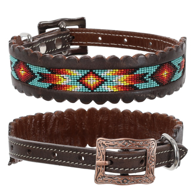 Showman Aztec Flame Beaded Leather Dog Collar