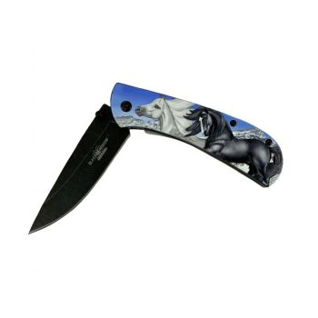 8" Horse Printed Tactical Knife with Clip - Blue