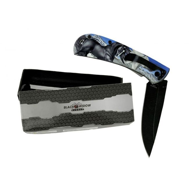 8" Horse Printed Tactical Knife with Clip - Blue #2