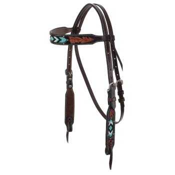 Showman Dark Brown Argentina cow leather headstall with teal beaded inlays