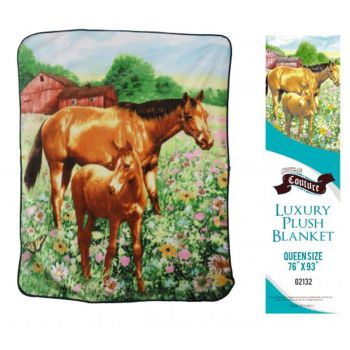 Showman Couture Luxury plush blanket with standing mare and foal print. Queen Size 76" x 93"