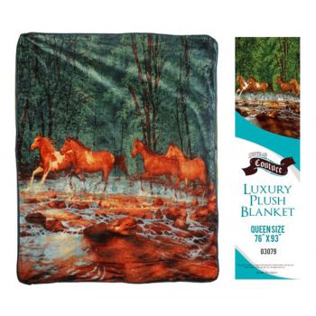 Showman Couture Luxury plush blanket with running horses print. Queen Size 76" x 93"