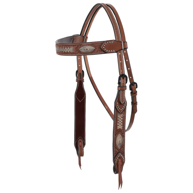 Showman Argentina Cow Leather Browband headstall with black rawhide accents design