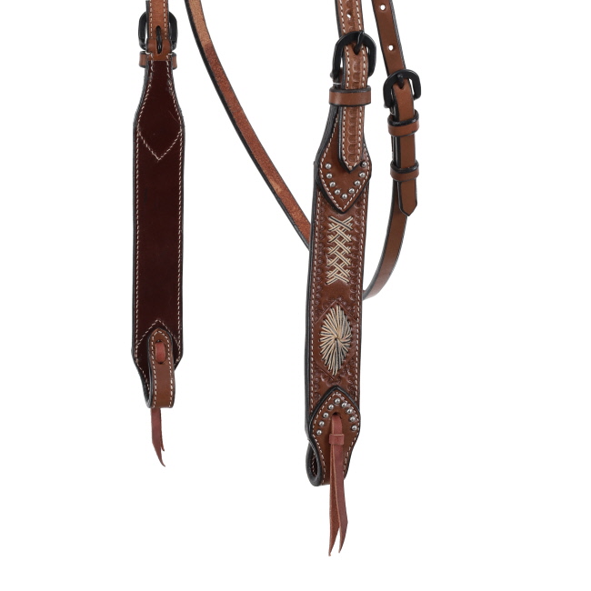 Showman Argentina Cow Leather Browband headstall with black rawhide accents design #2