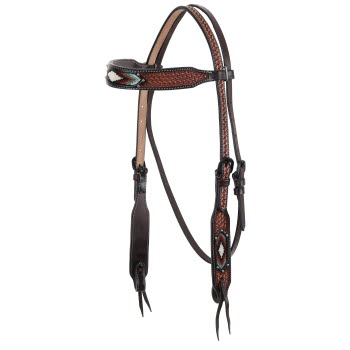 Showman Dark Brown two-tone Argentina cow leather brow-band headstall with beaded inlay design