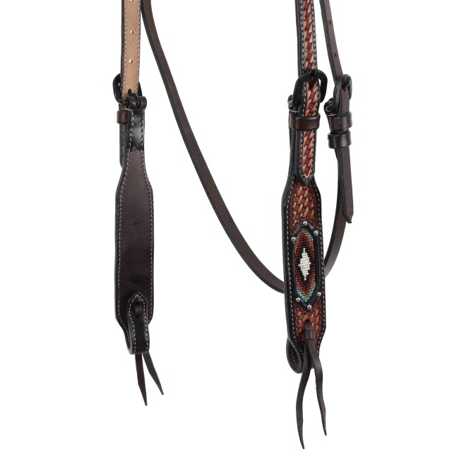 Showman Dark Brown two-tone Argentina cow leather brow-band headstall with beaded inlay design #2