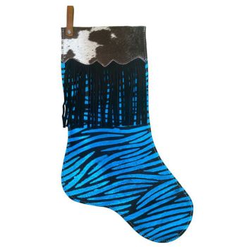 Showman Fringe Cowhide Christmas Stocking - Blue Zebra