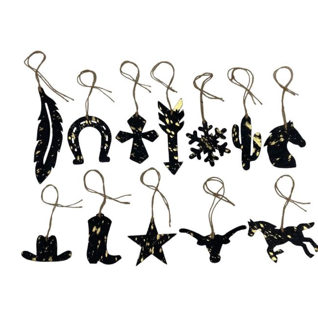 12 Piece Leather Christmas Ornament Set - Gold&#47;Black Acid Wash