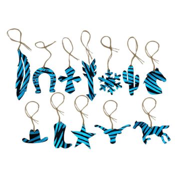 12 Piece Leather Christmas Ornament Set - Blue Zebra