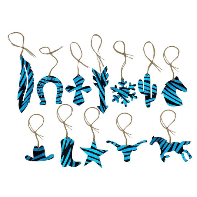 12 Piece Leather Christmas Ornament Set - Blue Zebra