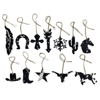 12 Piece Leather Christmas Ornament Set - Silver/Black Acid Wash