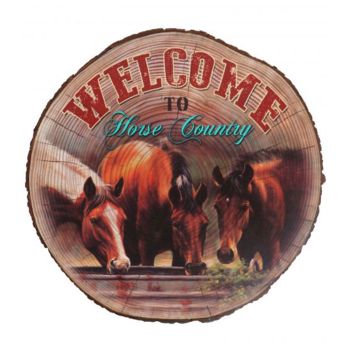 24" Faux cut wood wall décor with "Welcome to horse country" printed graphic