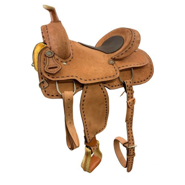 16" Roper Style Saddle with Roughout Fender and Jockeys with Leather Inlay Seat