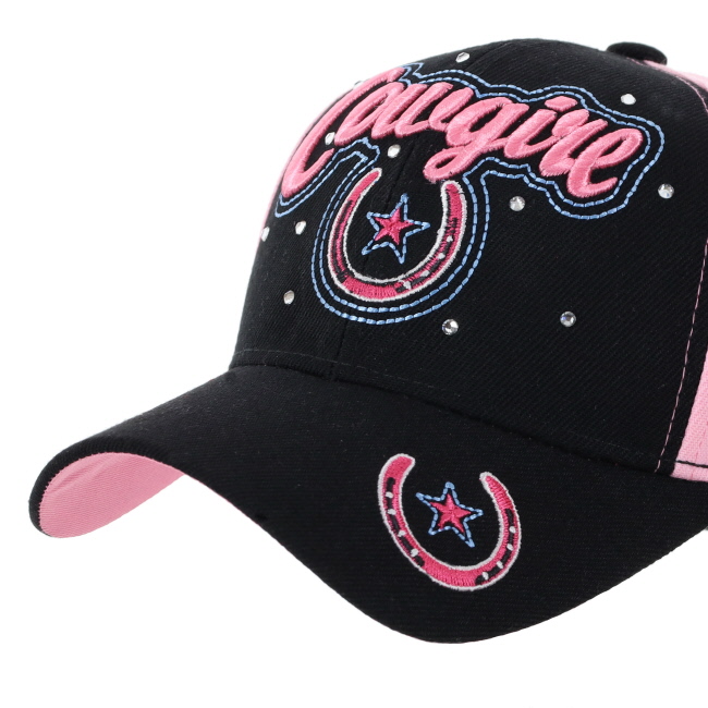 "Cowgirl" Embroidered Pink and Black Baseball Cap #3